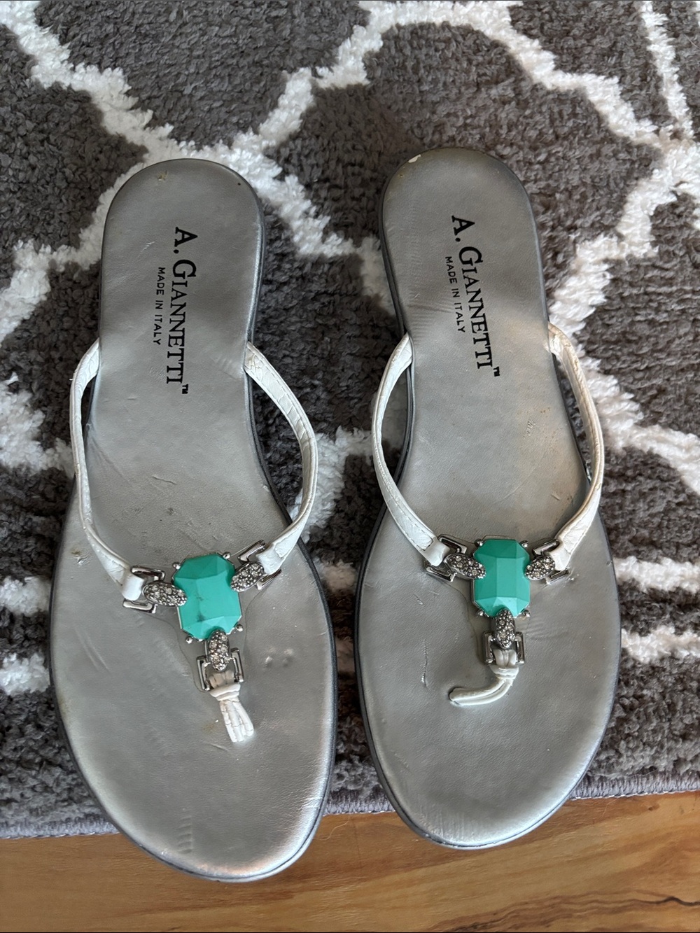 A. Giannetti Silver Thong Sandals with Teal Gem